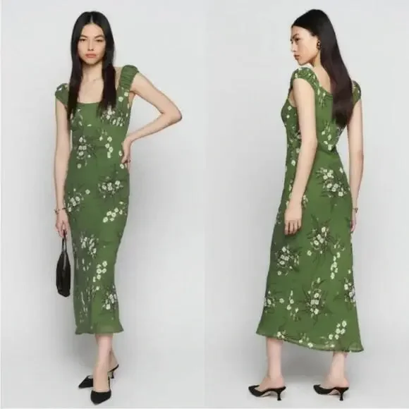 NEW, Reformation Demy Floral-Print Georgette Midi Dress in Green Sz M #MD1426 - Picture 8 of 10